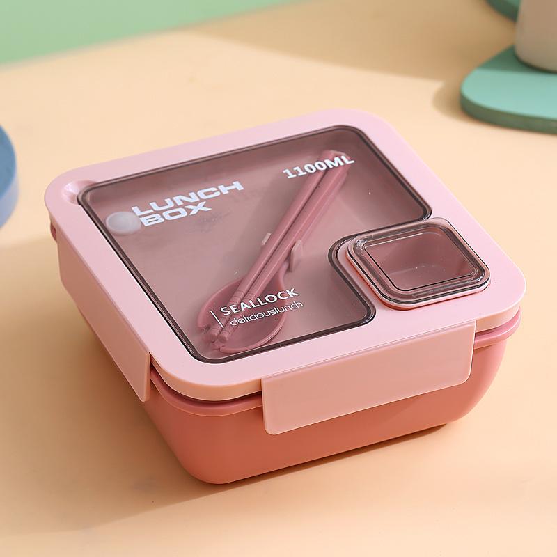 Nordic-Style Stainless Steel Lunch Box with Compartments, Fork, and Spoon - Microwave Safe