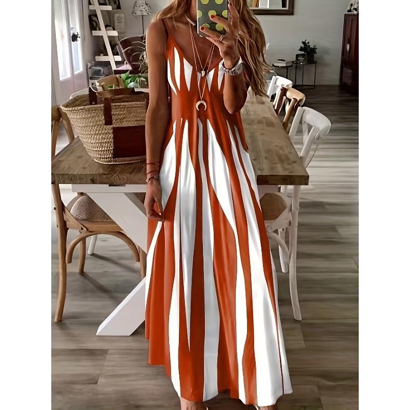 Women's Fashion Summer Spring Colour Block Print Sleeveless V-Neck Loose Waistline Casual Dresses