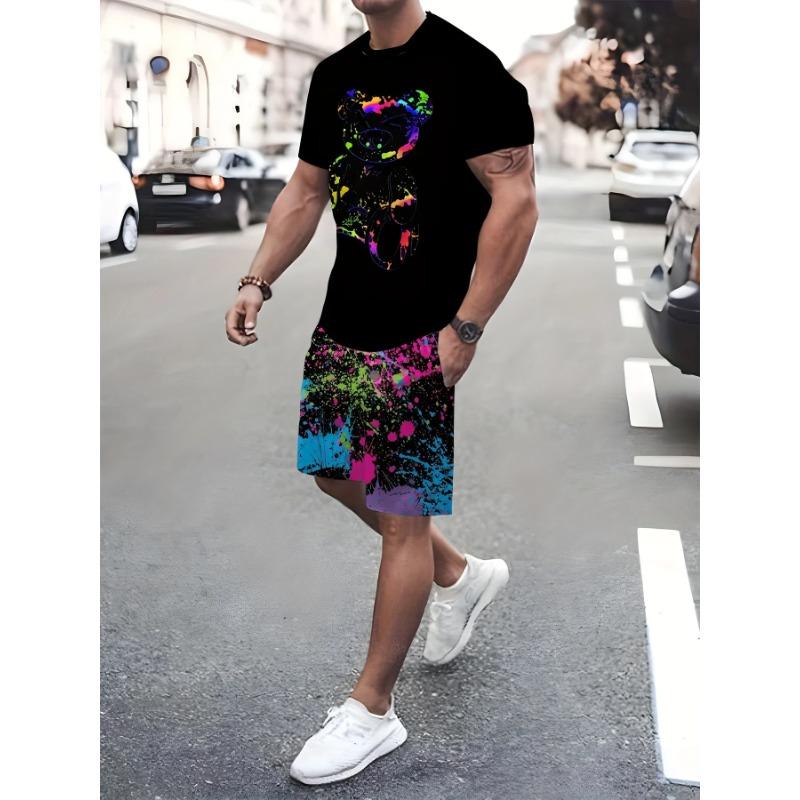 2025 Summer Sports Set 2-piece Men's 3D Color Blocked Printed Short Sleeved T-shirt Shorts Jogging Set Outdoor Street Men's Ligh