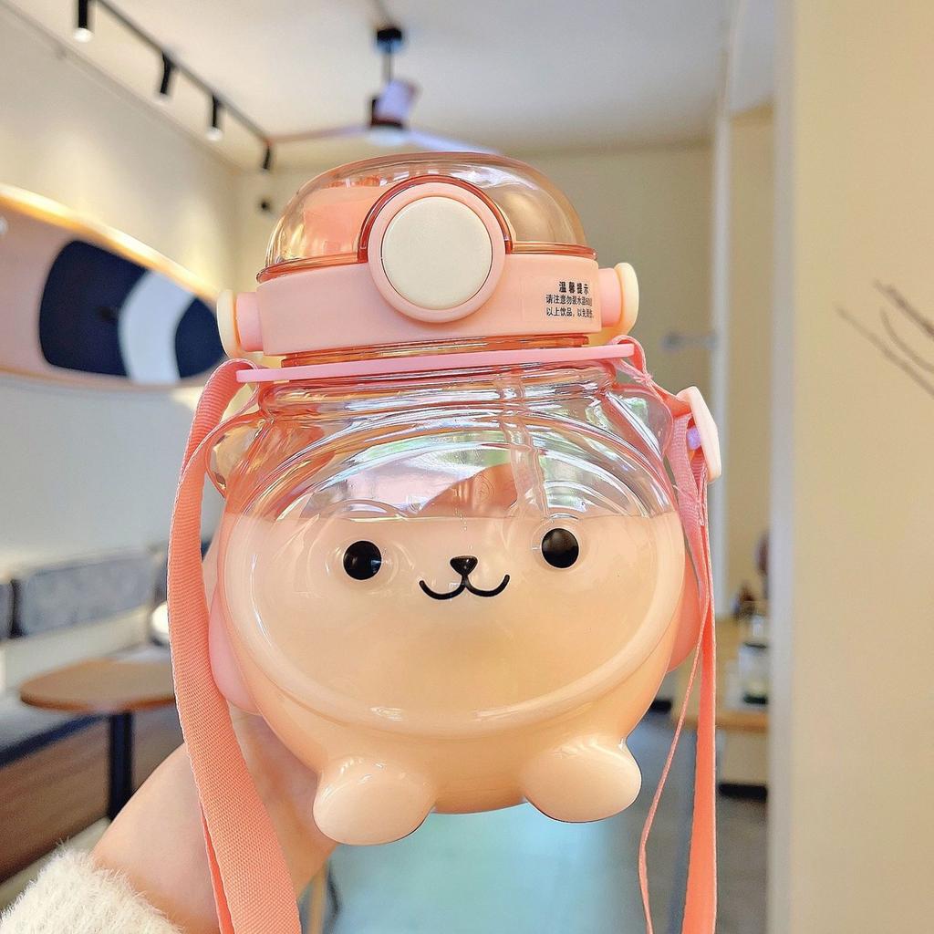 Cute Double Drink Water Cup Cartoon Bear Straw Cup for Kids Girls Large Capacity Plastic Cup