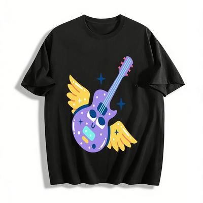 Süßes Engel Flügel Elektrische Gitarre Aufdruck Oberteil Unisex Street Style Lockeres Rundhals T-Shirt Reines Baumwoll T-Shirt