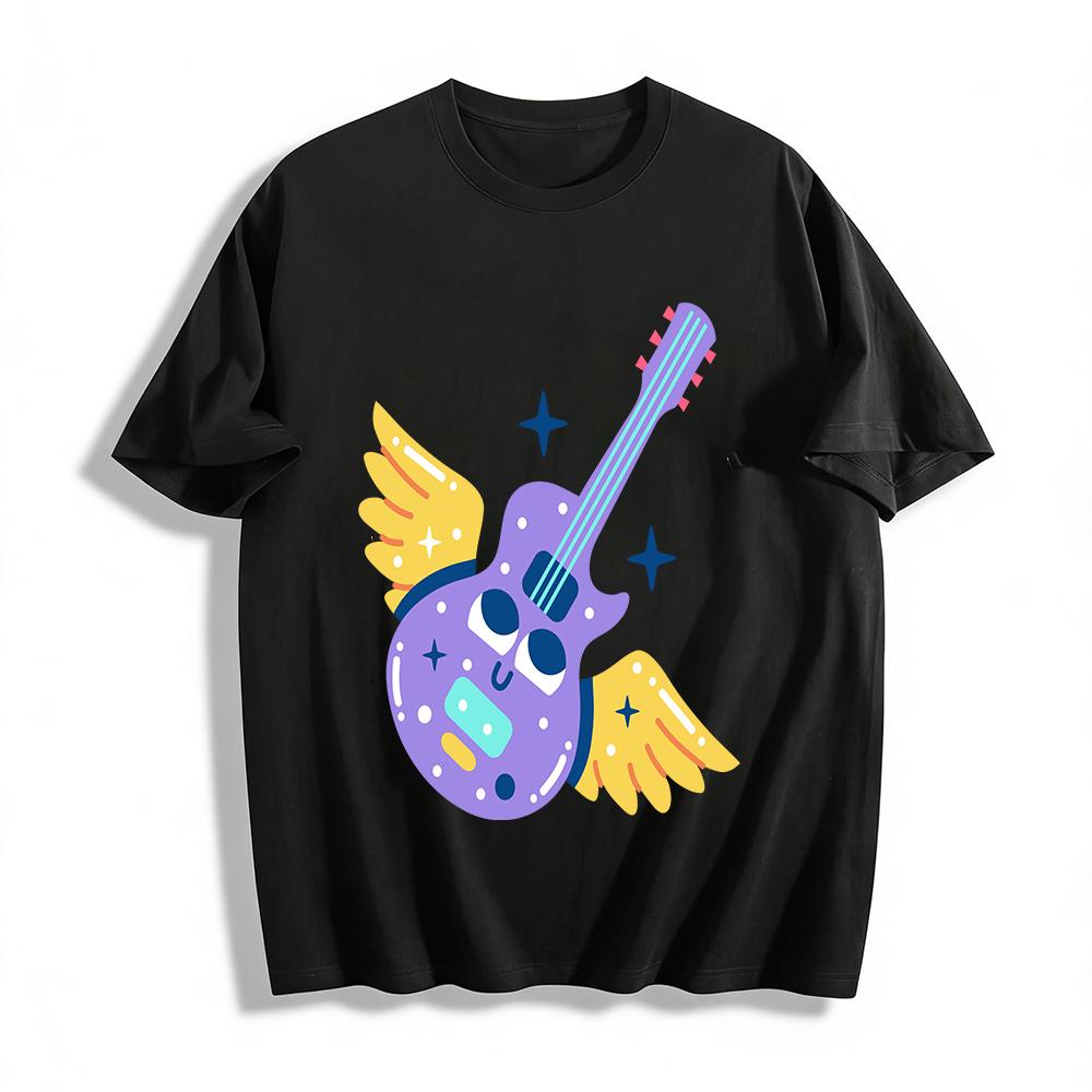 Cute Angel Wing Electric Guitar Print Top Unisex Street Style Loose Crew Neck T-Shirt Pure Cotton T-shirt