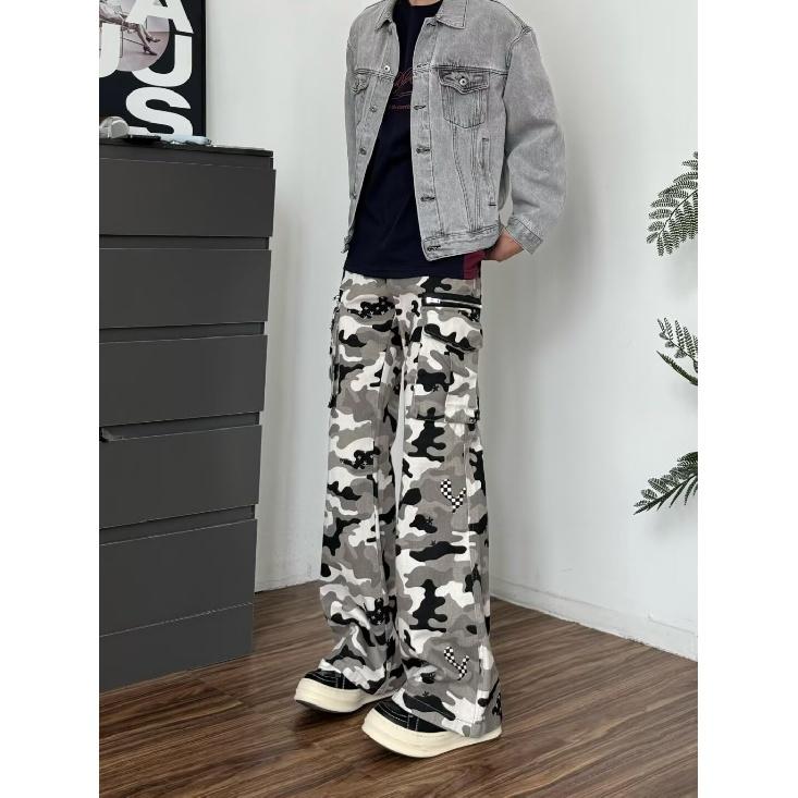 Men'S Denim, American Retro Washed Distressed Multi Pocket Workwear Jeans, Men'S And Women'S Loose Straight Leg Casual Pants, Trendy