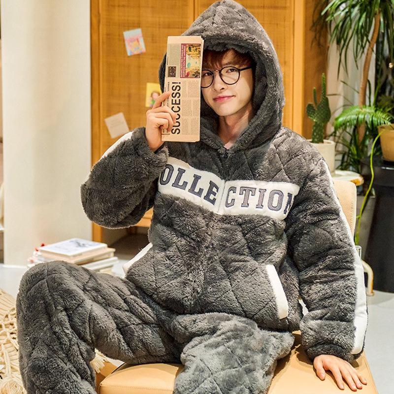 Men's Three-Layer Thickened Cotton Winter Pajamas - Warm, Simple, Luxury, and Suitable for Indoors and Outdoors.