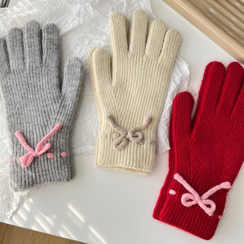Damen Strick Schleifenhandschuhe Winter Warm Touchscreen Handschuhe Vollfinger Kawaii Japanische Jk Fahrradhandschuhe Y2K Accessoires