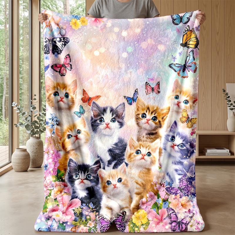 Kittens and Butterflies Theme blanket Lightweight Warm Flannel Blanket Decorative Throw Blanket for Home Decoration