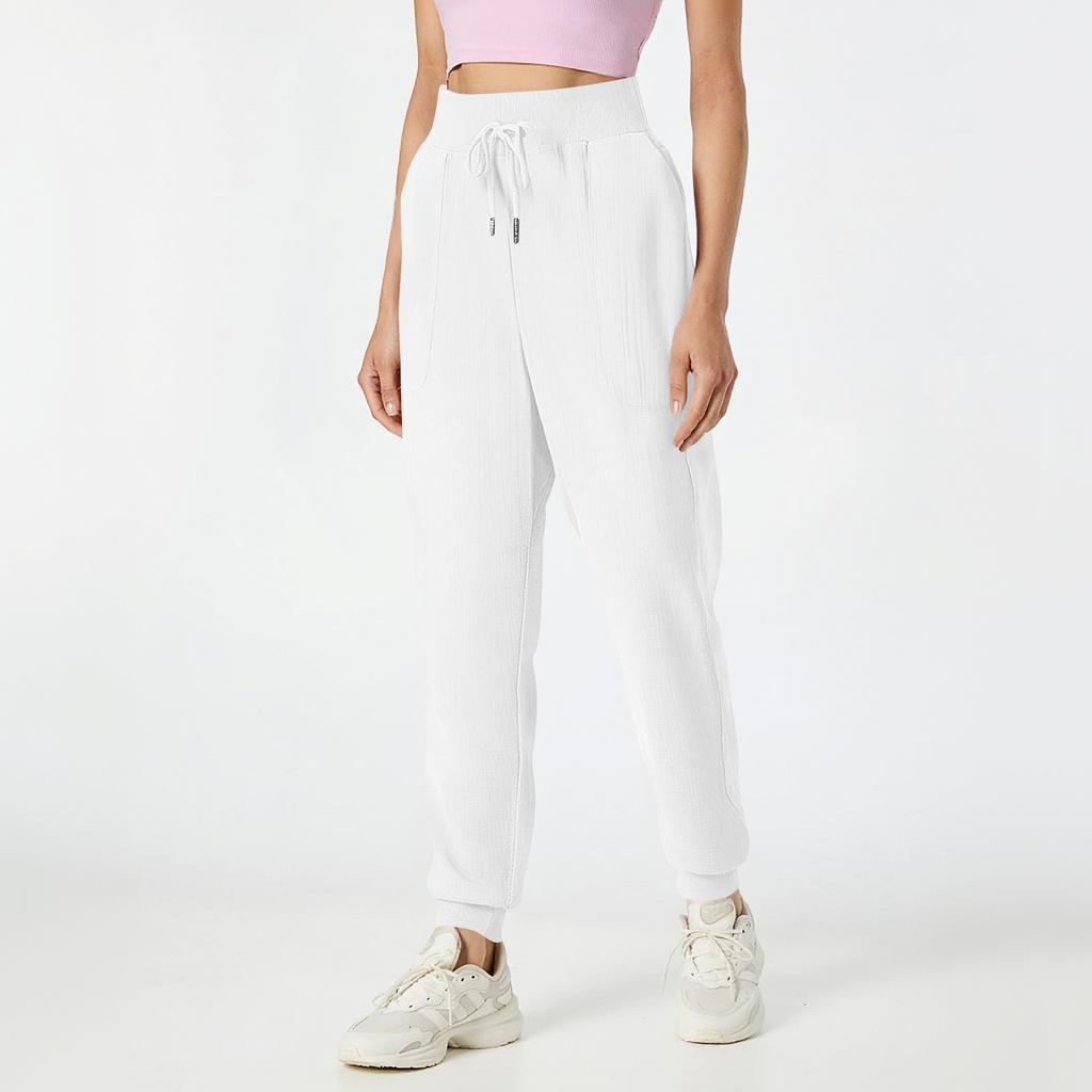 Ladies' Loose Casual Color Cotton Linen Threaded Elastic Waistband Pocket Pants