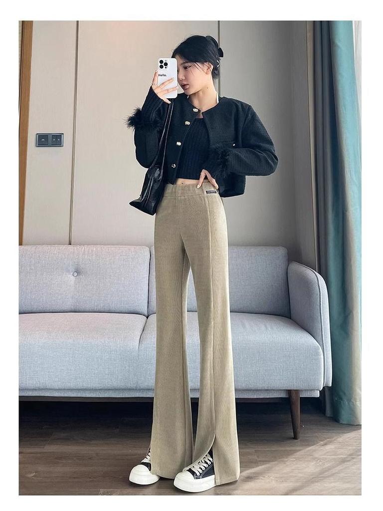 Women's Fleece-Lined Chenille Corduroy Flare Pants with Slits, Autumn/Winter 2024 Style