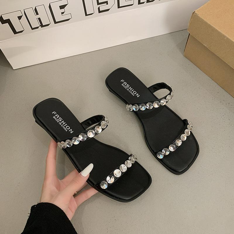 Black premium one-word strap flat-bottomed slippers for women's new summer sandals for women to wear thick-heeled rhinestone slippers