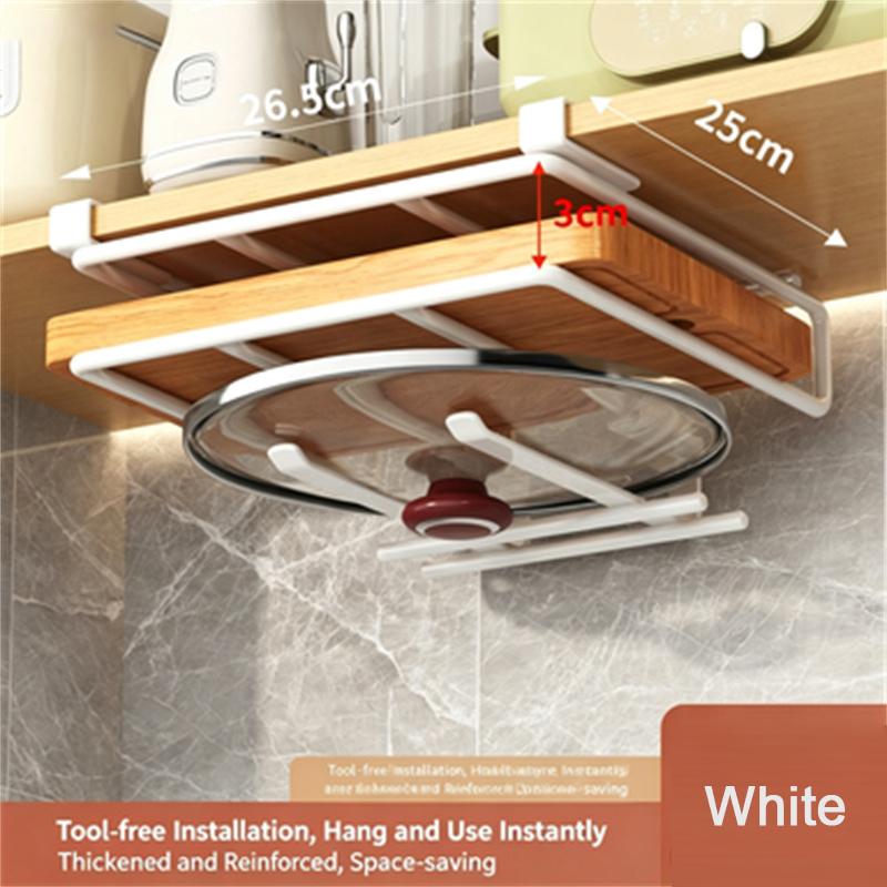 Kitchen Under Cabinet Hanging Organizer Rack with Hooks Multi-Purpose Holder for Paper Towel Cutting Board & Pot Lids