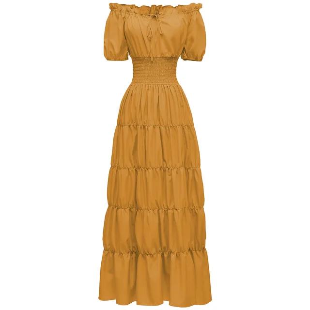 Elegant Medieval Renaissance Dress Boho Short Sleeves Off Shoulder Smocked Waist Retro Pleated Long Dress Costume Gown