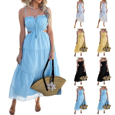 Women's Fashionable Casual Solid Color Bohemian Vacation High Waisted Patchwork Suspender Dress