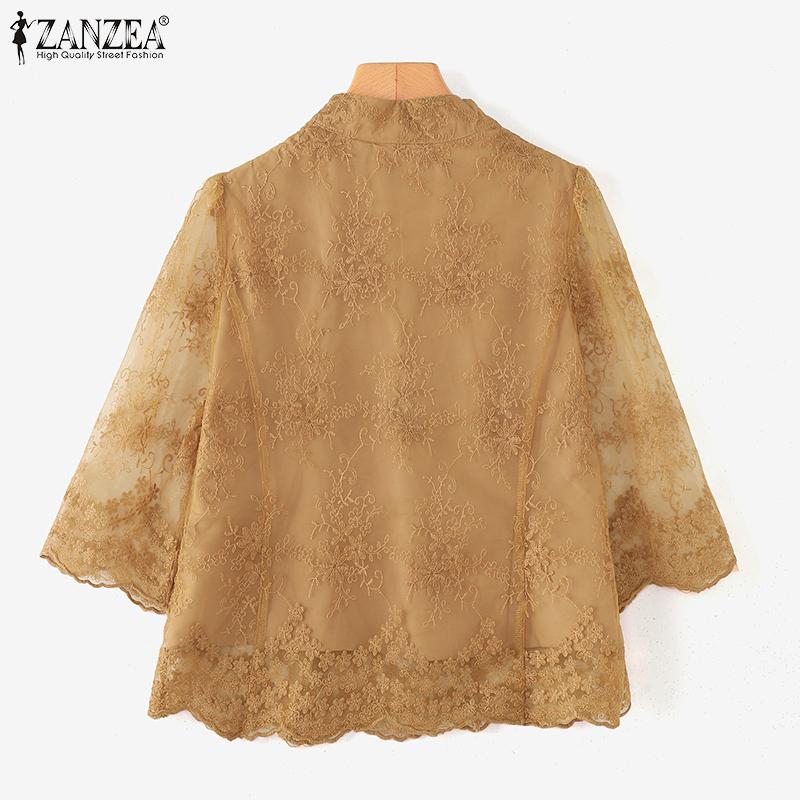 ZANZEA Women Summer V-Neck 3/4 Sleeve Lace Waist Blouses