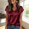 Women Tops Loose Fit Summer Blouse V-Neck Short Sleeve Smooth Satin Soft Stretchy Pullover Tops Commuting Style Blouse Daily Wear