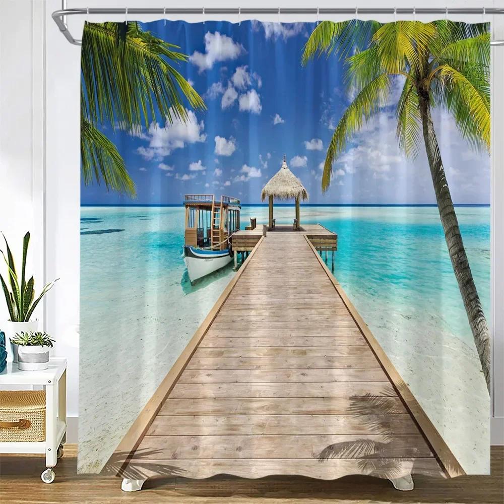 Dusk Sunset Beach Shower Curtains Tropical Ocean Palm Tree Forest Waterfall Nature Scenery Cloth Home Decor Bathroom Curtain Set