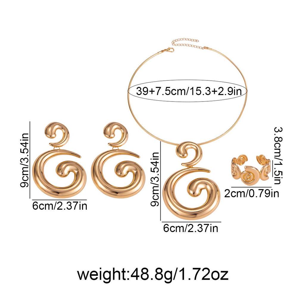 European High-End Spiral Vortex Jewelry Set: Geometric Earrings, Necklace, and Ring Trio