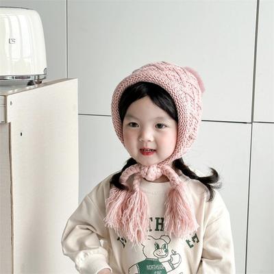 Cute Autumn Winter Baby Crochet Hat Pom-pom Tassel Pigtail Hand Knitted Cap Outdoor Soft Warm Ear Protection Cap Boys Girls