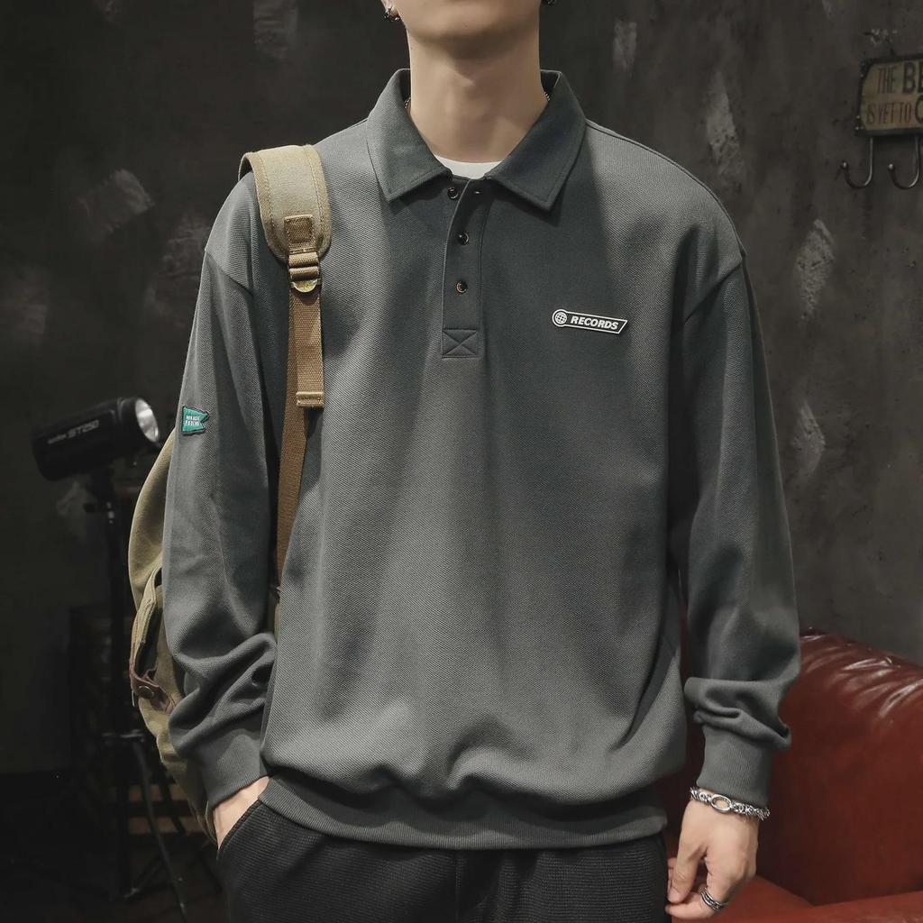 Men's White Chinese Cotton Polo Sweater: Long Sleeve, Velvet-Lined, Autumn/Winter.