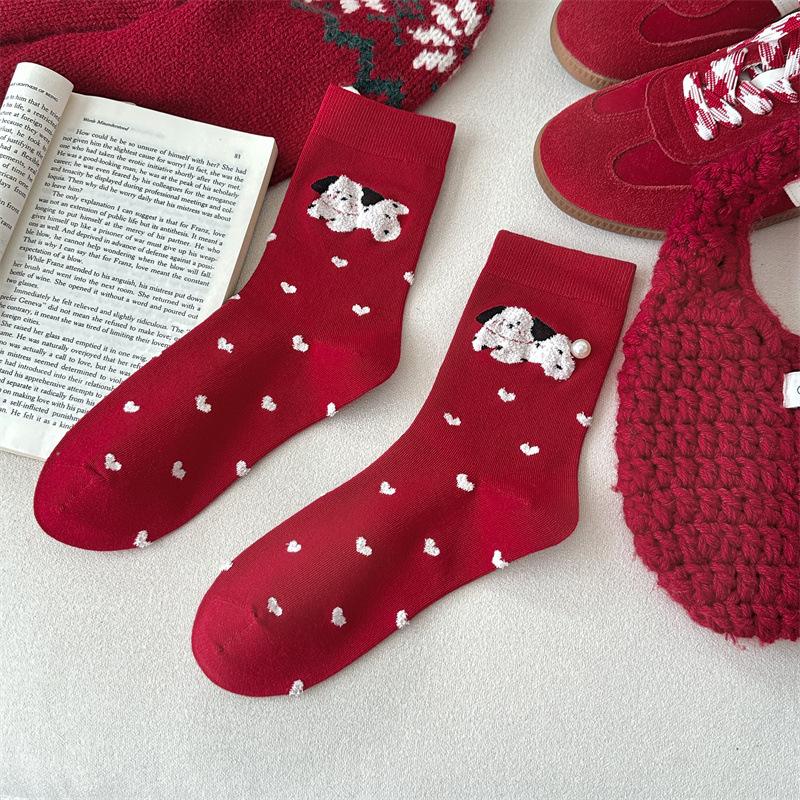 Little Bear Red Cartoon Socks, Women's Autumn and Winter Pure Cotton Mid-calf Socks, Heart-shaped Little Dog Polka Dot Striped Socks