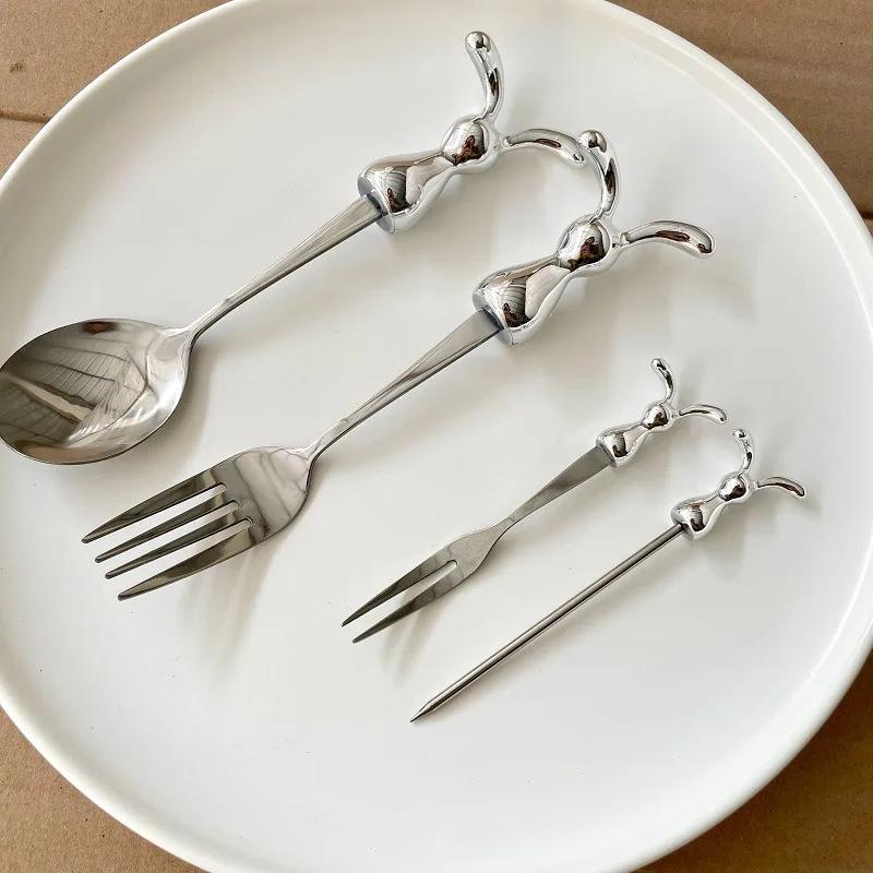 Stainless Steel Coffee Spoon Creative Fork Cute Rabbit Shape Teaspoon Stirring Rod Dessert Fruit Fork Snack Ice Cream Scoop