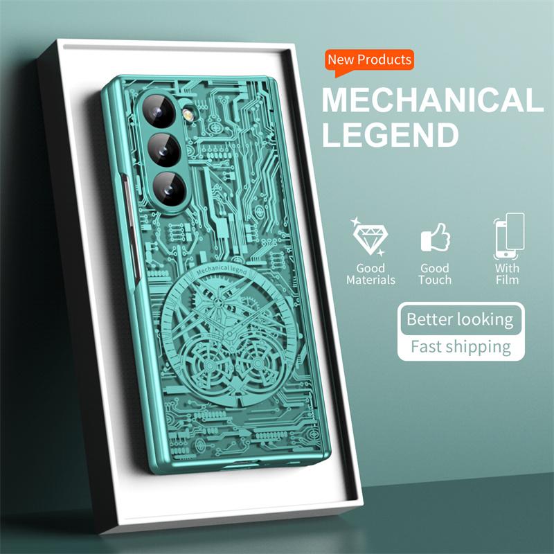 For For Samsung Galaxy Z Fold 7 6 5 4 3 5G Fashion Hinge Mechanical Electroplating Phone Case Screen Protector 360° Protective Cover