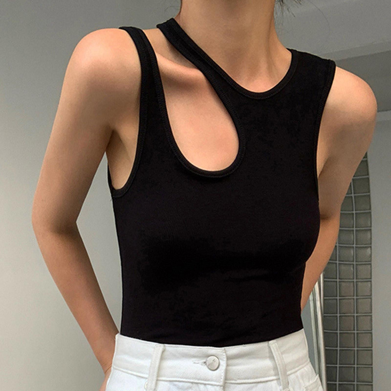

Fashion Women s Color Slim Fit Sleeveless Wavy Collar Hollow Pullover Top T-Shirt L чёрный
