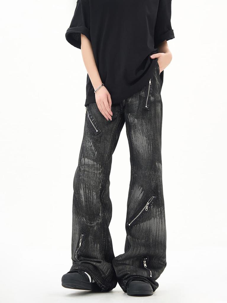 TOWYYO Denim Long Straight Long Street Bell Shibuya Unisex Men's Harajuku-style Pants, Pants, Pantaloons, Zip-Up Jeans, Takami, Cut, Washed,