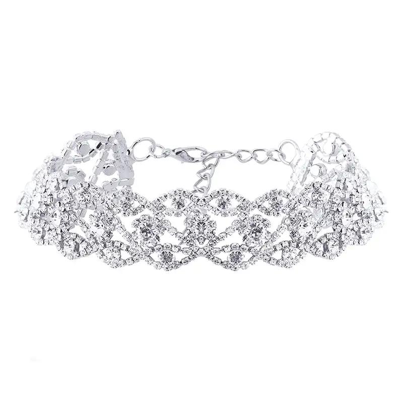 Luxus Temperament Kristall Strass Anhänger Choker Halsband Silberbeschichtete Kette Halskette Damen Hochzeits Schmuck