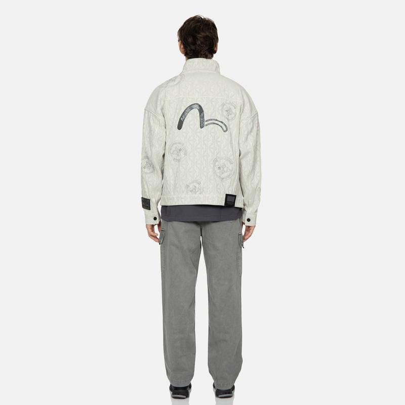 Evisu Kuro SS24 Allover Logo Jacquard Oversized Stand Collar Truck Jacket Men Jackets Beige 2ESGNM4JK5083OSCT
