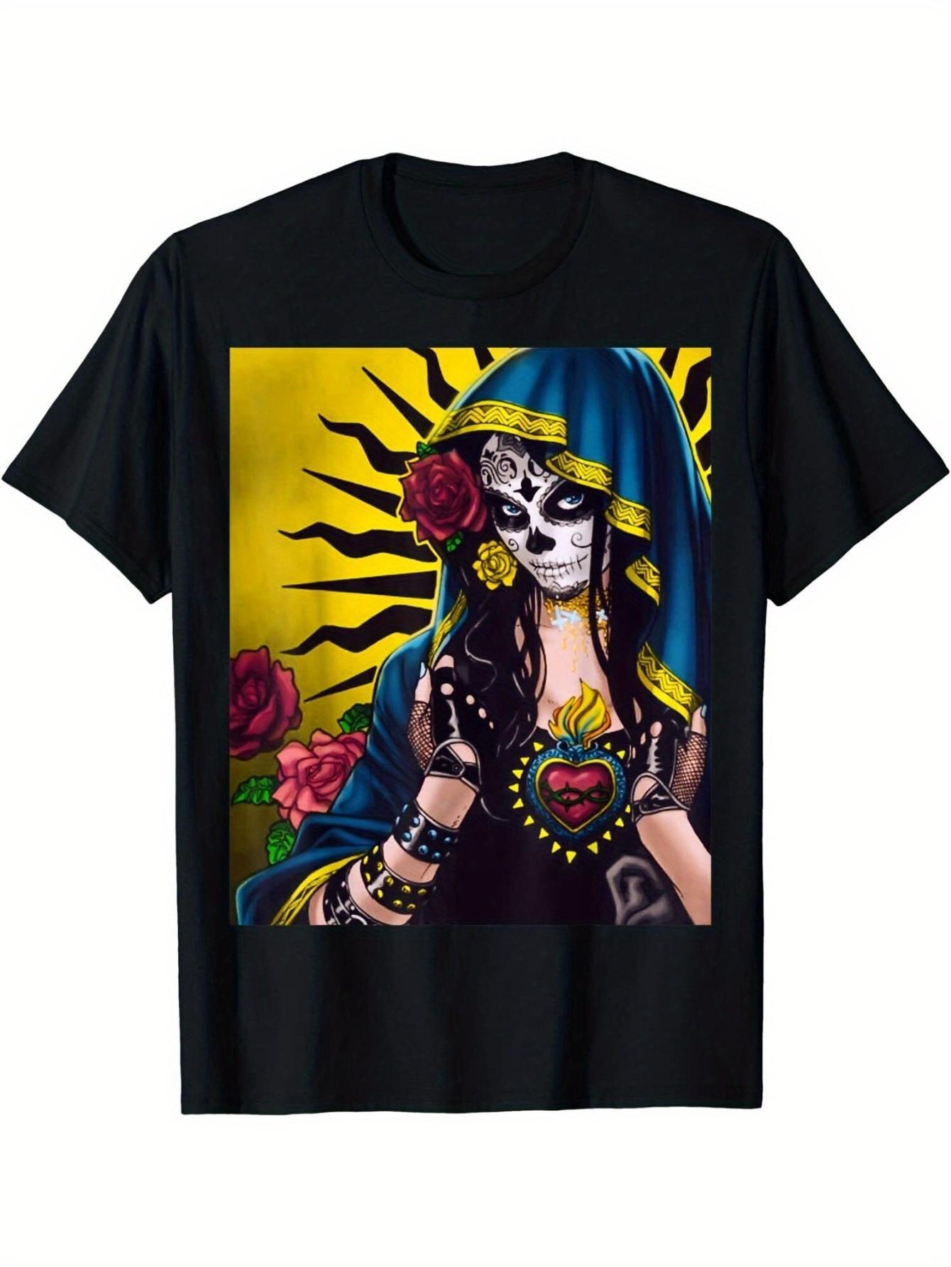 Men s Mexican Folk Art Day of the Dead T-Shirt - Casual Short Sleeve Round Neck Tee with Calavera (Skull & Rose) Design XS
