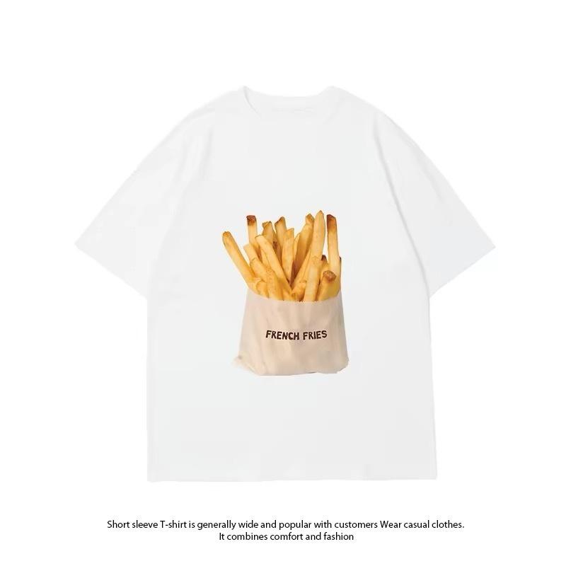 ZAZOMDE Vintage French Fries Oversized Tshirt Loose Fit Short Sleeve Tees Aesthetic Casual Daily Wear Fast Food Pattern Tops