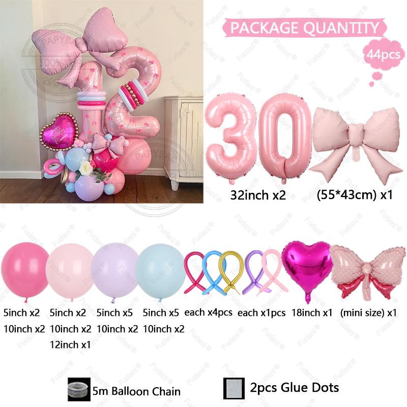 43PCS Pink Bow Theme Bouquet Balloon Set with 32inch Pink Number Girl First Birthday Party Decoration Baby Shower Helium Globos