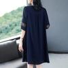 Plus Size Summer Dress V Neck Lace Hollow Out A Line Midi Knee Length Loose Half Sleeves Solid Color Single Breasted Womens Dress
