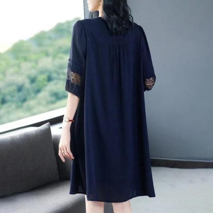 Plus Size Summer Dress V Neck Lace Hollow Out A Line Midi Knee Length Loose Half Sleeves Solid Color Single Breasted Womens Dress