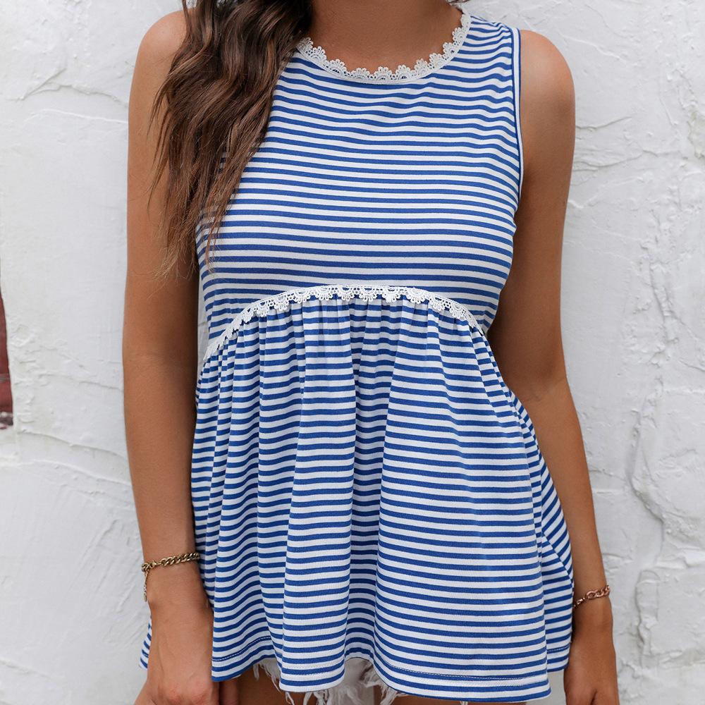 

Women s Lace Patchwork Top, Short Sleeve, Striped, Nautical Style, Camisole S синий