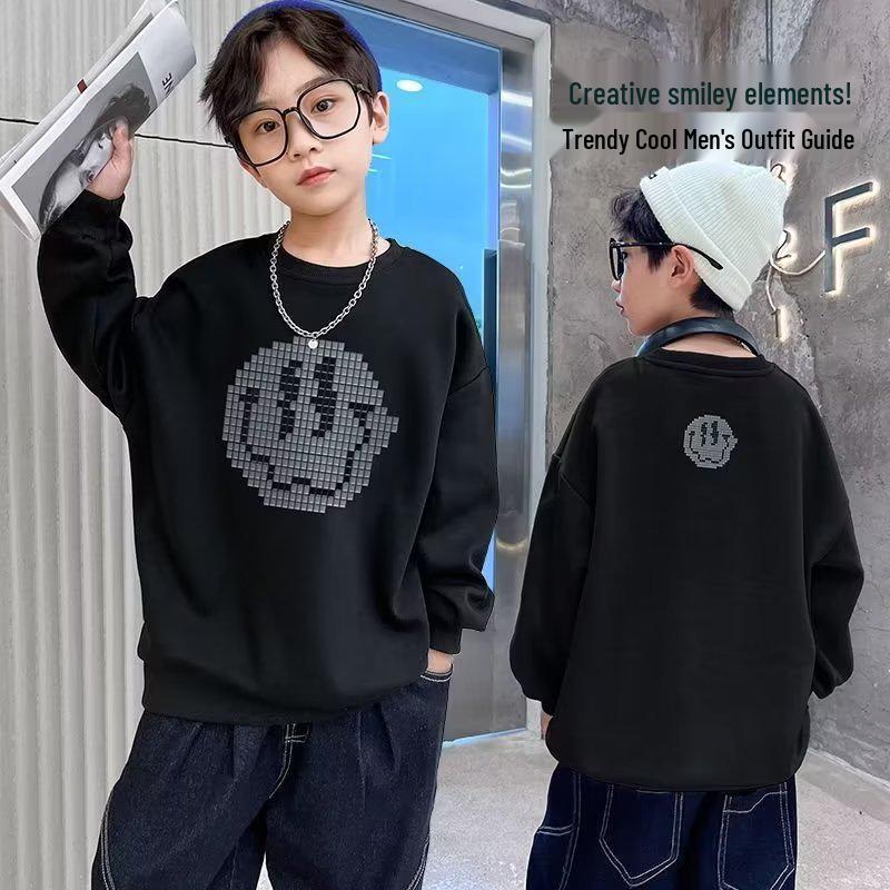 2024 Boys' Smiley Print Long Sleeve Sweatshirt - Spring/Autumn Style for Big & Middle Kids