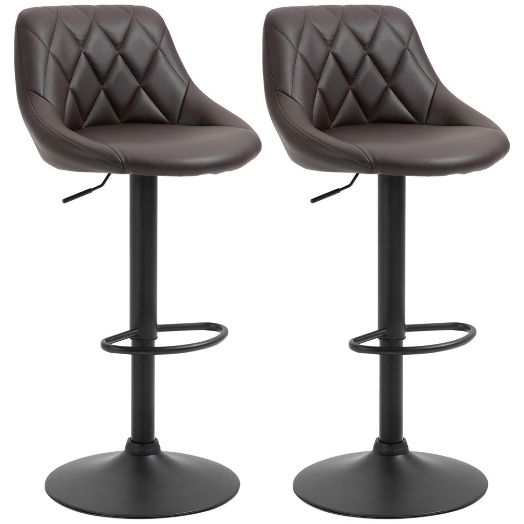 Set of 2 Adjustable Bar Stools with Backrest and Footrest, Metal Base and Faux Leather Seat, 46x48x83-104 Cm, Brown and Black