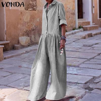 Women Lapel Neck Long Sleeve Plaid Casual Long Jumpsuits Overalls