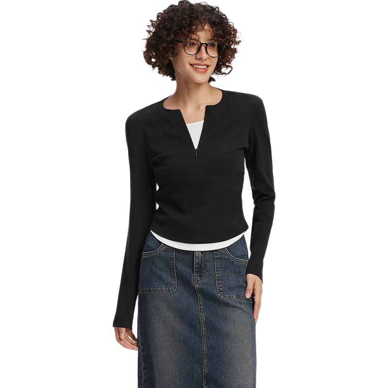 Semir Women's Slim Fit Faux Two-Piece Short Long Sleeve T-Shirt