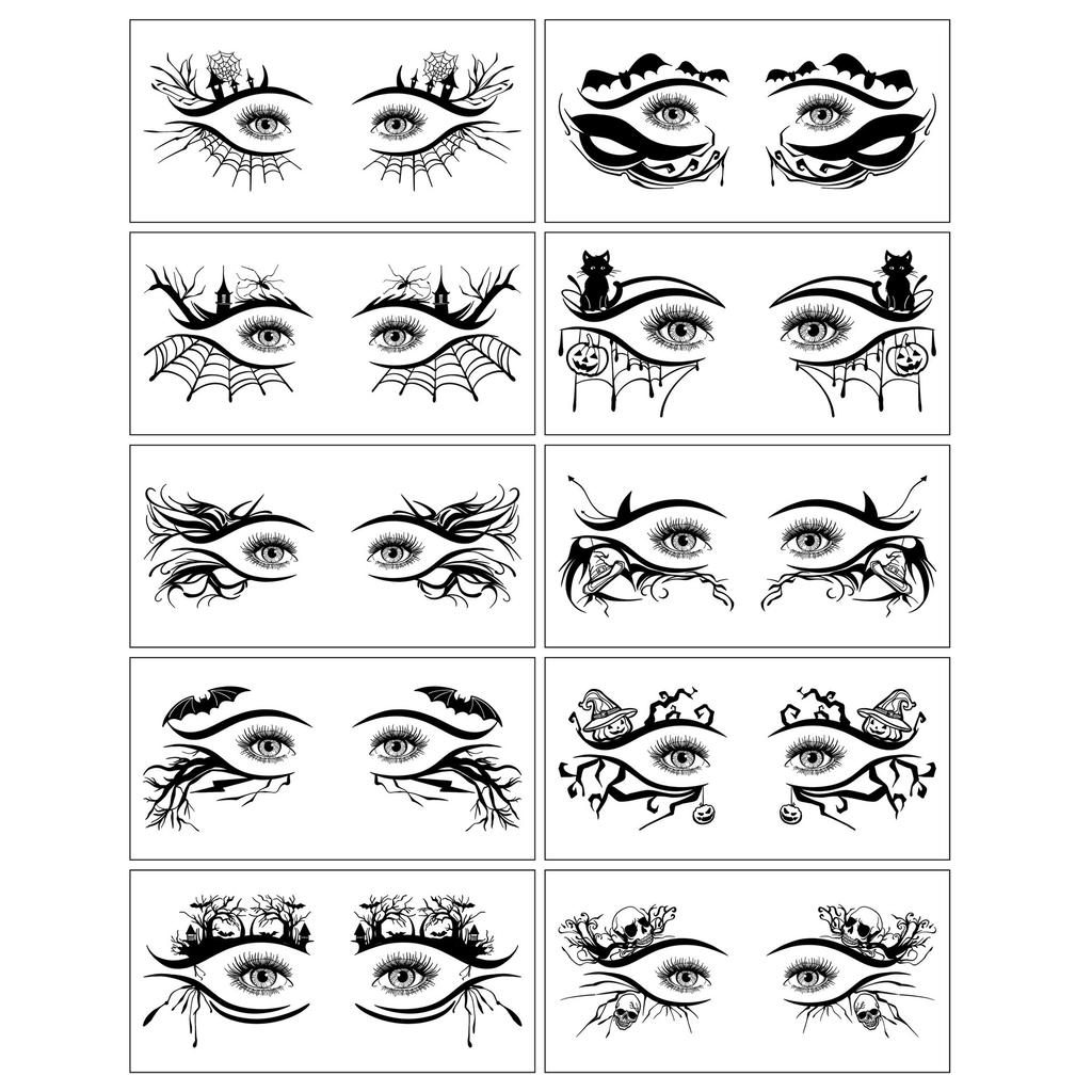 10 Pairs Halloween Eye Stickers Sweatproof Halloween Face Tattoo Stickers Spider Bat Skull Women Masquerade Cosplay Party