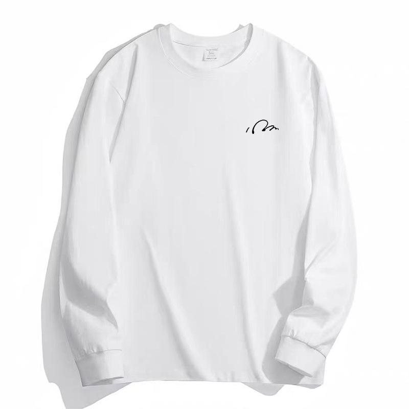 Men's White Long Sleeve T-Shirt - Minimalist Small Signature Print Casual Top