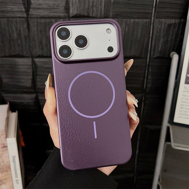 Luxury Lychee Leather Hard PC For Magsafe Magnetic Case For iPhone17 17Air 17Pro 17Pro Max Wireless Charging Frosted Cover