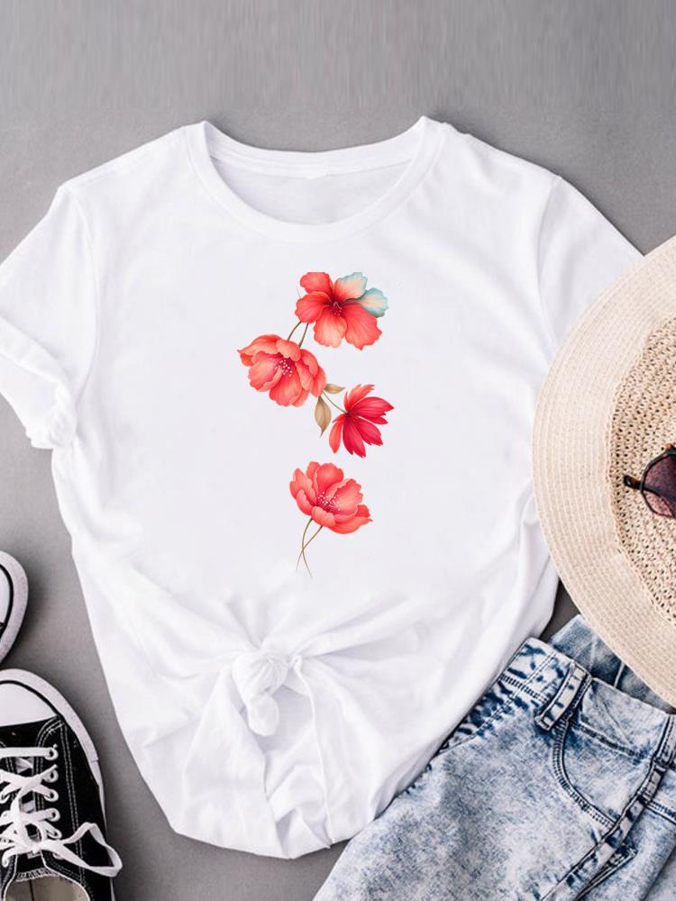 (Asian Size) flower watercolor cute Casual Women's Top Print Short Sleeve T-shirts T Clothing O-neck Fashion Female Graphic Tee