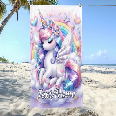 Asciugamano da Spiaggia Unicorno Arcobaleno Personalizzato Nome Asciugamani da Bagno in Microfibra Fantasy Morbido Asciugatura Rapida Lettino da Piscina