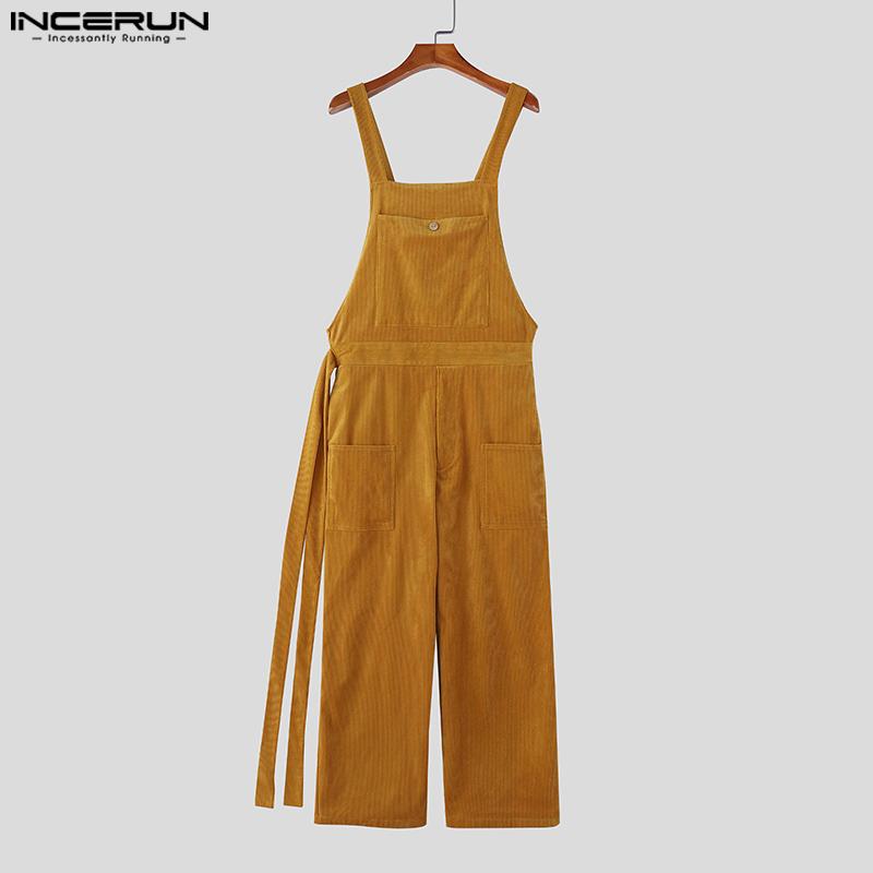 INCERUN Men Suspenders Corduroy Jumpsuit Overalls Strap Casual Loose Long Cargo Bib Pants