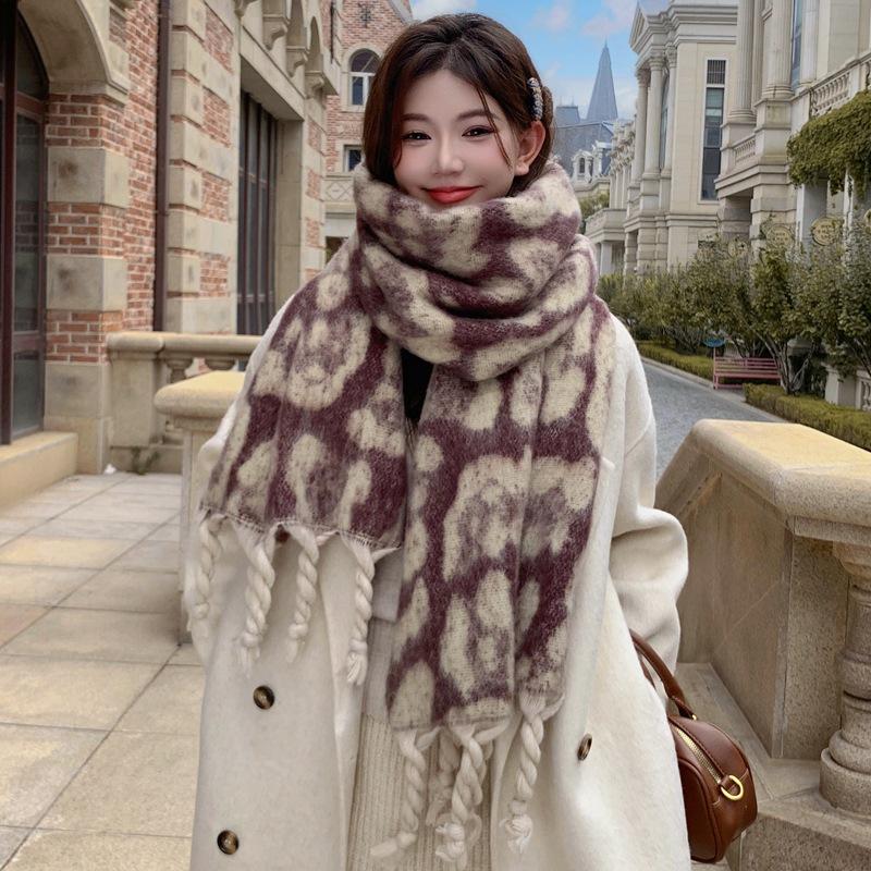 Women Winter Knit Scarf Headscarf Lady Retro Leopard Print Tassel Scarve Foulard Soft Thick Wrap Shawl Casual Fashion Korean New
