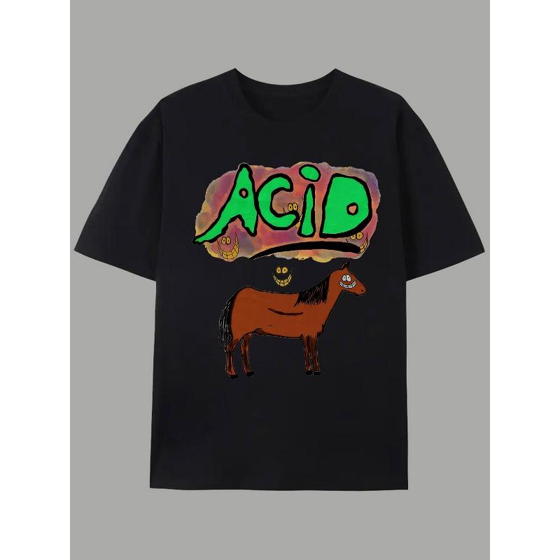 European Sizes Men'S Vibrant Acid Horse Graphic T-Shirt - Casual Crew Neck, Short Sleeve, Lightweight Tee for Summer & Spring
