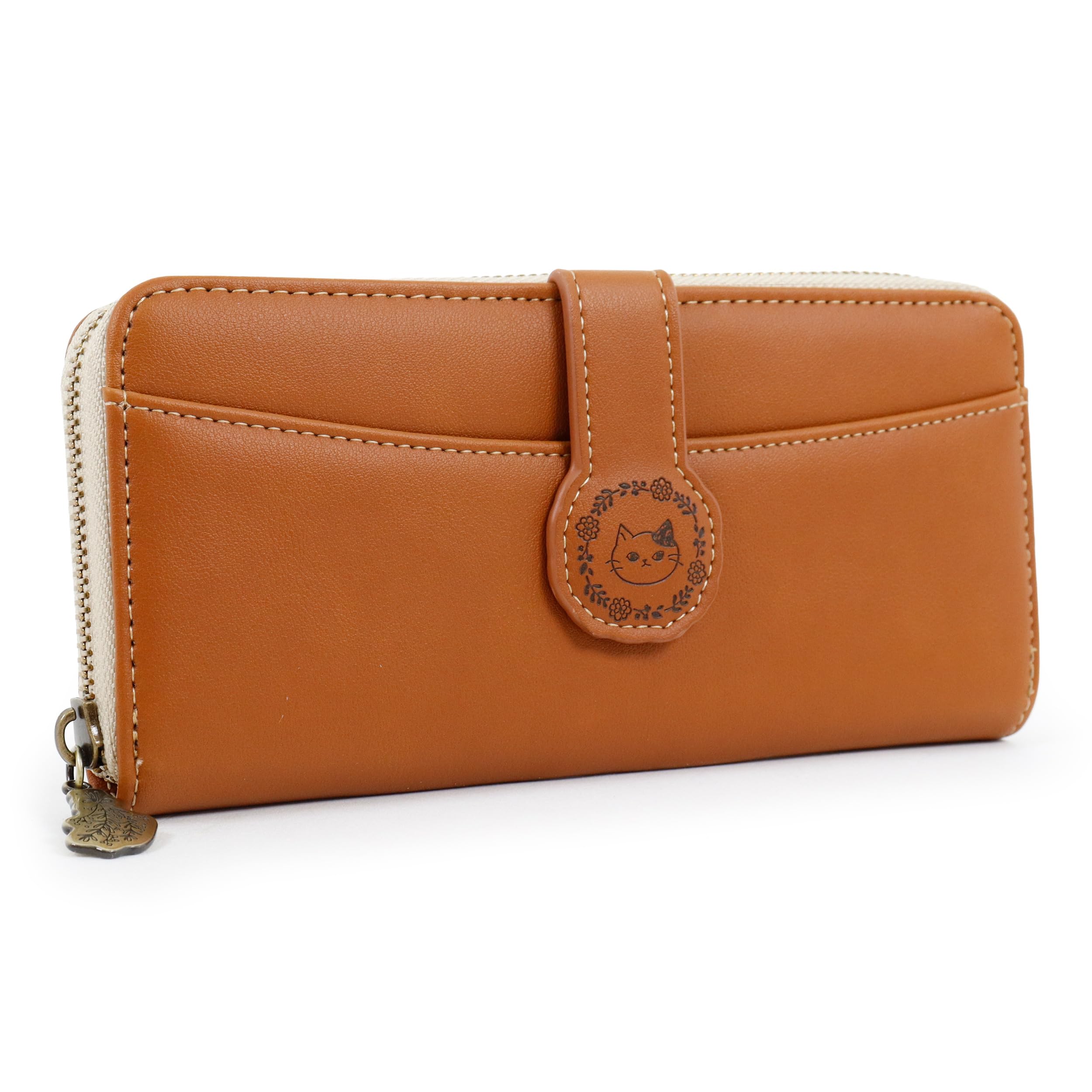 Long Round Front Cute Belt Character Embossed [Shanfy] Women s Wallet, Zipper, Pocket, Cat/Wreath Pattern, Design, (Brown)