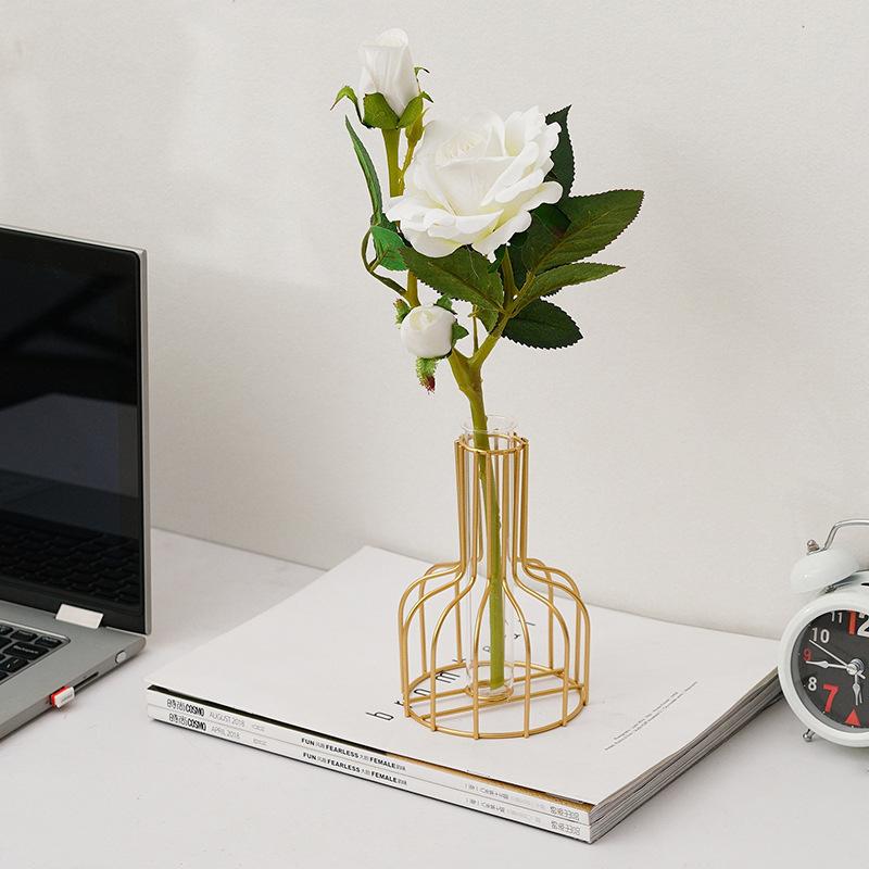 1pc Hollow Out Iron Art Golden Vase, Home Living Room Transparent Simulation Flower Dried Flower Arrangement Container