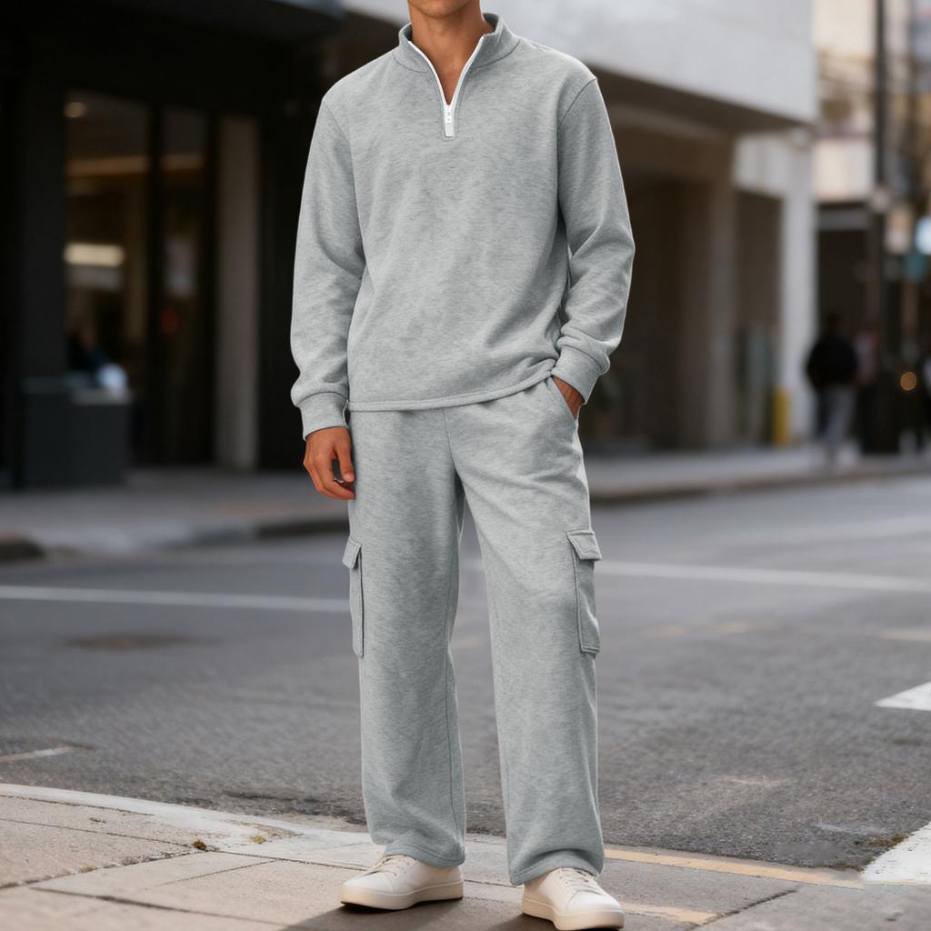 Men's Classic Casual Outdoor Activewear Set | Fleece Solid Color Quarter-Zip Stand-Collar Hoodie & Elastic-Waist Cargo Pants 2-Piece Outfit